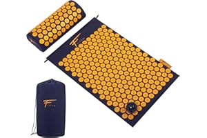 Fitem - Kit d'acupression - Relaxation Musculaire - Tapis, Coussin fleur, Sac, Boule de Massage, Soulage douleurs Dos et Cou. (Bleu-Orange)