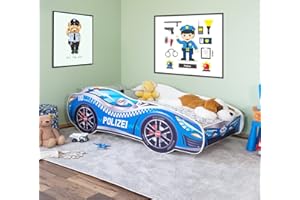 ‎ALCUBE Alcube® Autobett 70x140 cm PKW Polizei mit Lattenrost und Matratze MDF beschichtet - mit Motivfolie beklebtes Spielbett Kinderbett 140x70 cm für kleine Polizisten - Blau