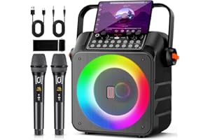 HWWR - Macchina karaoke per adulti e bambini, macchina karaoke portatile con 2 microfoni wireless, subwoofer da 6,5 pollici, luci DJ, sistema PA Karaoke con microfoni, supporto