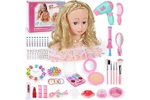 BuzzoXerex Cabeza Muñeca para Peinar y Maquillar, 58 Piezas Busto Muñeca Peinar y Maquillar, Cabeza de Peluquería para Niños, Cumpleaños para Niños a Partir de 3 Años (Rosa)