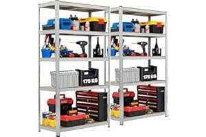 LUXTROUS Garage Shelving Units 5-Tier Storage Shelves Pack Of 2, 175kg Per Shelf, 5mm MDF Boards, Shed Storage Racking Shelf Adjustable Metal BOLTLESS Design for Living Room,Office(Silver,70x30x150cm)