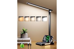 TOPPLEE LED Desk Lamp Rechargeable, Aluminium Dimmable Lamp with Night Light & USB Charging Port, 5 Color Temperature Eye-Caring Reading Lamp with Timer for Bedroom, Office, Dormitory(Black)