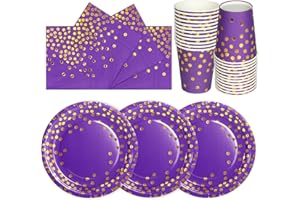 PYAILI Oro Viola Stoviglie Feste 72 Pezzi Verde Erba Festa della Addobbi Ragazza Compleanno Dambini Articoli Feste Set Include Piatto Usa e Getta Carta Party Tazze Tovaglioli-24 Ospiti