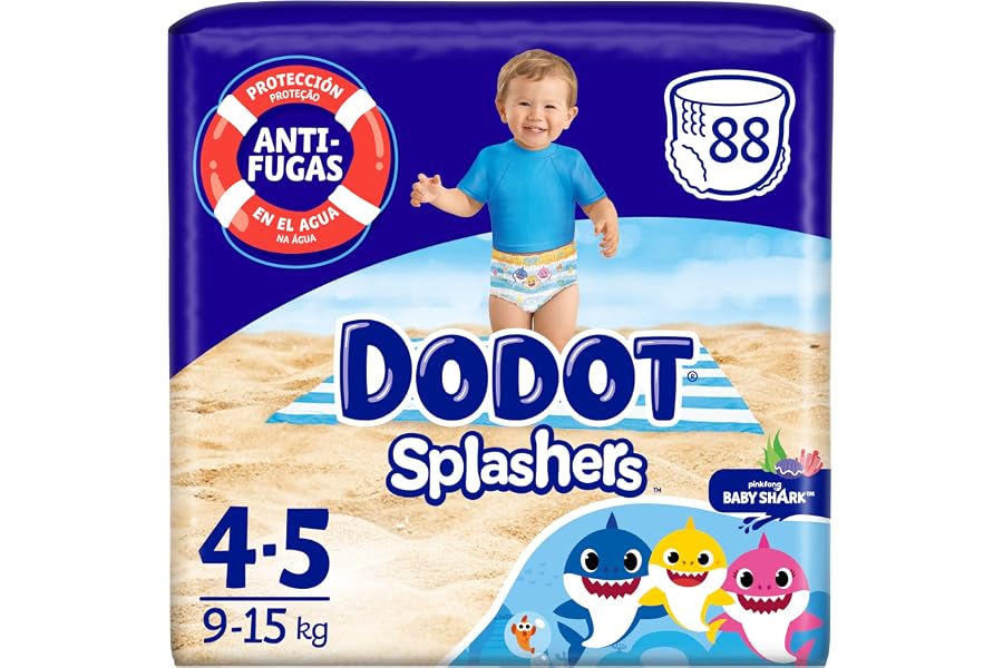 Dodot Pañales Bebé Splashers Baby Shark, Talla 4 (9-15 kg), 88 pañales,Bañadores desechables, Protección Anti-fugas En El Agu