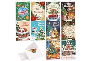 Augshy 20pcs Tarjetas Navidad Españolas con Sobres, 10 Diseños Únicos (2 Cada Uno), Feliz Navidad, Cartas Navideñas de 20x15cm, Regalo Familiar y Amigos