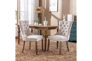 HomeTouch Luxury Velvet Kitchen Dining Chairs Set of 2 Upholstered Knocker Wing Back Office Chairs with Oak Wood Legs for Dining Room Bedroom, Hand Made (2, Beige)