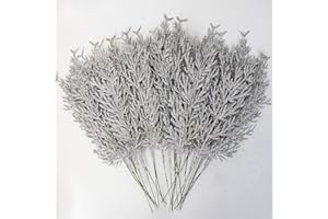 Leixi 24PCS Christmas Glitter Artificial Pine Needles-34cm Fake Foliage Pine Stems for DIY Garland Wreath Christmas Embellishing and Home Garden Decor (Sliver)