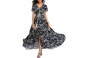 VOGMATE Femme Robe Chic Longue Col V à Fleur Manches Courtes en Coton Robe Maxi de Plage D'été Casual (S-2XL)