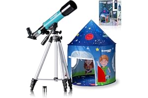 Bresser - Telescopio Refractor Junior 50/360 para niños - Juego de iniciación a la astronomía con Tienda, telescopio Refractor, trípode, Montura azimutal, oculares y Espejo cenital