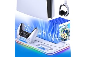 ALEEMTRY PS5 Ständer, PS5 Standfuß mit 3-Stufig Lüfter/Controller Ladestation/RGB Licht/6 Spiele Aufbewahrung, Ständer für PS5 Disc und Digital Edition Konsole