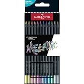 Faber-Castell 116415 - Case of 12 Metallic Coloured Pencils - Black Edition | Bright coloured pencils for light and dark pape