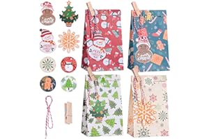 Gintan Sacchetti Regalo Natale 24 Pezzi-4 Stili 6 pz, 24 Piccole Cartoline di Natale e 24 Clip per Calendario dell'Avvento Compleanno Festa di Nozze