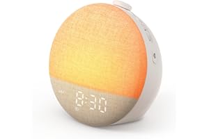 Dreamegg Sunrise Alarm Clock, Reloj Despertador de Amanecer, Máquina Ruido Blanco 29 Sonidos, Modo Favorita, Luz y Pantalla Regulables, 32 Volúmenes, 6 Alarmas, 10 Colores, Temporizador Niños, Snooze