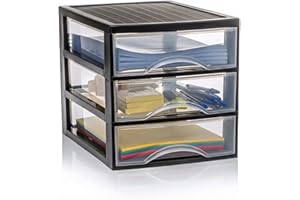 Hausfelder Schubladenbox A4 mit 3 Schubladen, Transparente Kunststoff Schubladenbox für Schreibtisch, Büro Organizer Schubladen, Aufbewahrungsbox mit Schubladen, Din A4, Stapelbar, 36,5x26x28cm