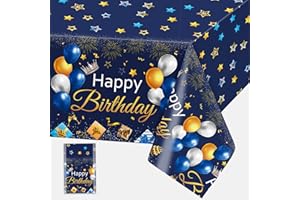 DOMGOGE Happy Birthday Table Cloth Blue, Disposable Plastic Birthday Party Tablecloth with Balloons Star, 108*54 Inch Waterproof Thin Dining Table Cover Decorations for Boys Men Birthday Wedding Baby Shower