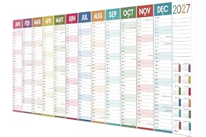 2027 Väggplanerare XXL (120 x 42 cm) jan 27 - dec 27 "färgglad" | Årlig väggplanerare 2027 Storbritannien för kontor, skola, hem, icke-laminerad planerare med klistermärken