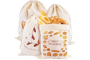 EXIN DECHEN 4 Piezas Bolsa de Pan de Lino con Cordón, 40x30cm Bolsas de Pan de Lino, Multifuncional Bolsa Pan Reutilizables para Pan, Baguette, Frutas, Verduras