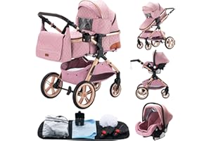 YAZOCO carrito bebe 3 en 1 Cochecito de Bebé Combinado Compacto Todoterreno Lujoso Paisaje Alto Cuatro Veces 0-36 Kg Sillas de paseo BastóN Plegable Accesorios CóModos (5 Rosa)