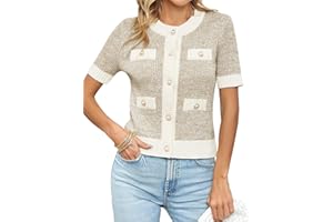 Imily Bela Chaquetas de Punto Para Mujer Manga Corta Botón Abajo Jersey Cropped Cuello Redondo Ligero Tops Elegantes Con Bolsillos