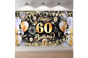 ANOMM 60th Birthday Banner, 60th Happy Birthday Backdrop Banner, Party Decorations for Indoor Outdoor, Black Gold Sign Poster Photo Background Banners for Men Women(180 x 110 cm)