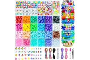 LYMOOR 900 Pony Beads, 200 Letter Beads Jewelry, 60 Colorful Clay Bead, Kandi Bracelet Making Kit for Girls, 30 M Elastic Rope, Scissors Tweezers, DIY Crafts Necklace Make Party Gifts