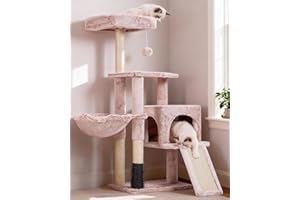Heybly Rascador para Gatos, El Cepillo de Autolimpieza, El Árbol para Gatos Domésticos, con Peluche Liso, Silla de Descanso, Nido de Gato con Panel y Postes de Raspado, Beige Marrón HCT005SMU