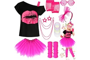 Shepinsky 80s Fancy Dress for Kids, 5-12 Years Girls 1980s Neon Party Outfit -T-shirt Tutu and Pink Leg Warmers Fishnet Gloves Bow Headband Earrings Bracelets Necklaces Glasses for Halloween Cosplay