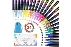 Goffii Pennarelli Acrilici Doppia Punta, 24 Colori Acrylic Marker con Pennello e Punta Fine, Pennarelli Ad Alcool per Tessuti Pittura Vetro Sassi, Legno, Tela, Atossici e Inodori, Asciugatura Rapida