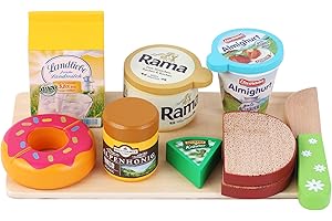 CHRISTIAN TANNER tanner DER KLEINE KAUFMANN TANNER Deco - Frühstücks-Set aus Holz, mit verschiedenen Produkten, Zubehör für Kaufmannsladen, lebensmittelechtes Design, 0902.6