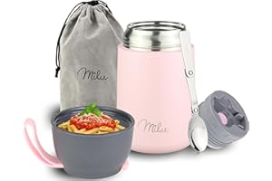 Milu Boîtes Alimentaires Isothermes 450ml I 650ml I 800ml, Boîte Isotherme Repas Chaud Porte-Aliments en Acier Inoxydable à Double Couche, Cuillère Pliante pour Ecole, Bureau (650ml/Rose)