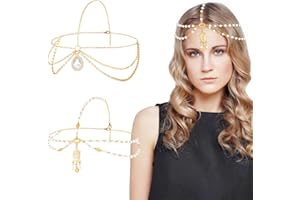 MELLIEX Złoty łańcuszek na głowę, 2 sztuki boho frędzle nakrycie głowy koraliki Rhinestone głowa biżuteria dla kobiet i dziewcząt