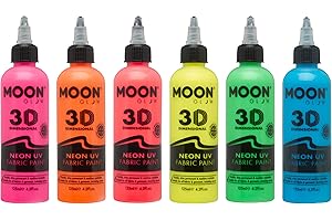 UV GLOW Moon Glow - Neon UV 3D Fabric Paint - 125ml - Textile paint for clothes, t-shirts, bags, shoes & canvas (Set of 6)