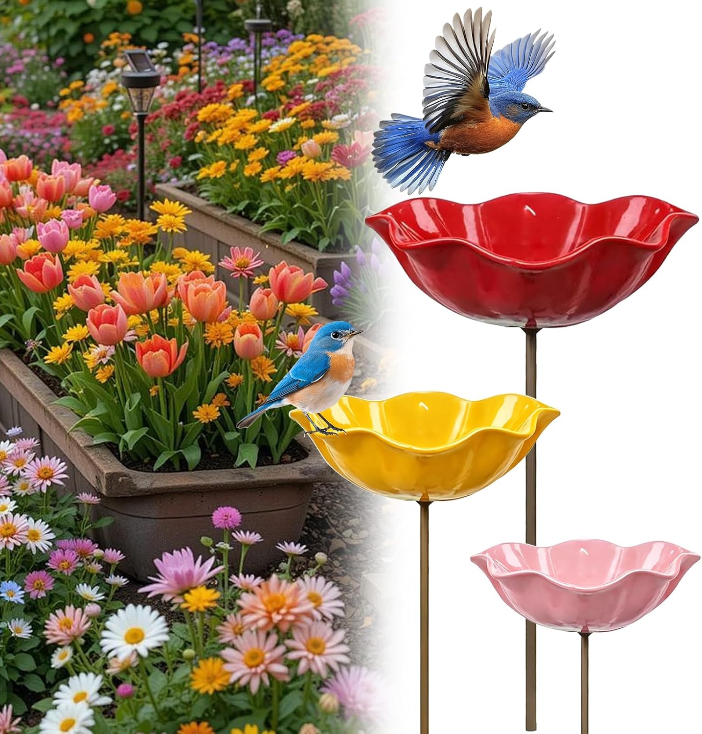 Handmade Metal Flower Garden Stake, Flower-Shaped Bee Watering Station Bird Bath for Garden, Dual Function Bird Bath and Pollinator Water Station for Gardens, Lawn, Patio Decor (3PCS)