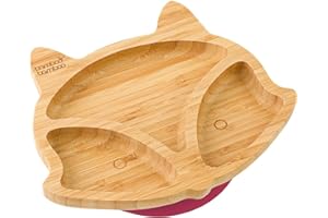 bamboo bamboo Baby Plate and Toddler Plate, Suction Plate for Feeding and Weaning, Bamboo Fox Plate with Secure Suction, Suction Plates for Babies from 6 Months (Fox, Cherry)
