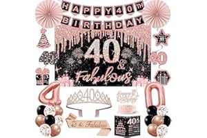 AMOSKING 40th Birthday Decorations for Women,32PCS 40th Birthday Party Decorations,Including Backdrop,Sash, Crown, banner, Hanging Swirl,Cake Topper,balloons,Paper Fans,Anniversary Card