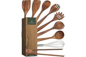 WALDWERK Utensilios de cocina madera – 9 piezas con pinzas para parrilla, batidor, espátula, cuchara y cucharón para pasta – Utensilios cocina - Accesorios cocina