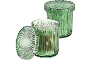 OLegei Glass Cotton Ball and Swab Holder Organizer, Set of 2 Bathroom Glass Storage Jars with Lid, Q-tips Floss Dispenser, Vanity Makeup Accessories Storage Jar, Apothecary Storage Canister (Green)