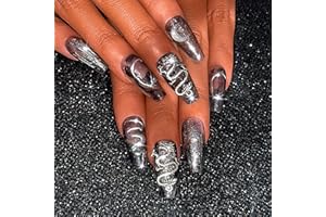 Sethexy Smok 3D Kryształowy Księżyc Ręcznie Malowany Naciskaj Paznokcie Błyszczący Punk Długa trumna Ręcznie Robione Sztuczne Paznokcie Rhinestone Błyszczące Sztuczne Paznokcie Zdejmowane dla kobiet i