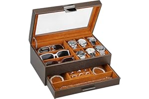 LANDICI Watch Box Organiser Jewellery box for Men Women, 2 Layer 6 Slot PU Leather Watch Storage Case with Glass Top, Large Jewelry Display Holder for Sunglasses Necklace Earring Ring (Coffee)