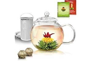 Creano Czajniczek ze szkła z wyjmowanym zaparzaczem do herbaty ze stali nierdzewnej, zawiera 2 kwitnące herbaty, 1300 ml