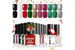 JODSONE Set de 12 Pintauñas Navidad con Base y Top Coat - Esmaltes de Uñas Brillos Rojo, Verde, Dorado y Plata - Esmalte de Uñas Secado Rápido - Kit Manicura Regalo
