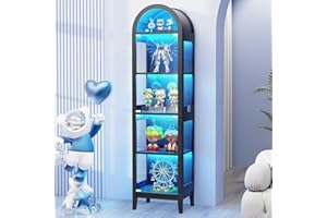 BROTTAR Arched Display Cabinets with Glass Doors, 71" Bookcase Bookshelf with LED Lights for Collectibles, Books, Showcase Glass Display Case with Human Body Sensor for Living Room, Black