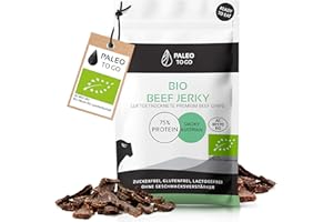 ‎PALEO TO GO PALEO TO GO Beef Jerky [100% BIO] – High Protein Snack (75% Eiweiß) – Trockenfleisch, Biltong aus Bio Rindfleisch – Low Carb Eiweiß Snack – 8x30g Protein Chips (8x30g)