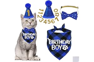STMK Cat Birthday Decorations, Cat Birthday Hat with Number Bandana Bow Tie Collar for Cats Kittens Apparel Birthday Outfits