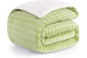 PanxHome Sherpa koc 160 x 200 cm, wyjątkowy koc żakardowy, mleczny welur, przytulny koc, 470 g/m², ciepły, puszysty koc, na sofę, koc na kanapę, zielony