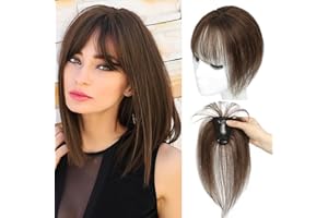 GULALUUK Clip in Fringe Bangs Hair topper Clip in Bangs 100% Real Human Hair Extensions Front Full Neat Bangs Fringe 360°Clip on Bangs for Daily Wear Medium Brown(4#)
