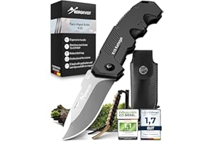 BERGKVIST® K10 Coltello pieghevole (coltellino a due mani) - coltello da tasca per la sopravvivenza, la caccia e il campeggio con acciaio da fuoco e custodia da cintura - acciaio lucido