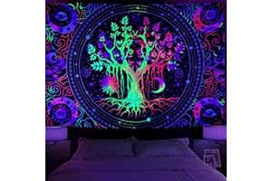 Eozighi 150 x 200 cm Psicodélico Fluorescencia UV Árbol de la Vida Tapiz Aesthetic Tapiz Árbol de la Vida Luna y Sol Paño de Pared para Salón, Dormitorio, Decoración de Habitación