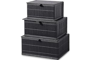 Honygebia Bambú Caja Almacenaje con Tapa - Set de 3 Cestos de Mimbre Decorativas con Forro, Almacenamiento Negro para el Hogar, Organizadoras de Estantes de Cocina y Baño (Grande/Mediana/Pequeña)