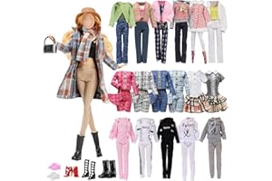 CARREUTY 14 Pcs Doll Clothes and Accessories for 11.5 inch Doll Include 1 Plaid Coat Set 1 Winter Set 1 Sports Outfit 1 Dress 2 Bags 5 Shoes 1 Hat 1 Scarf In Random, for Girls